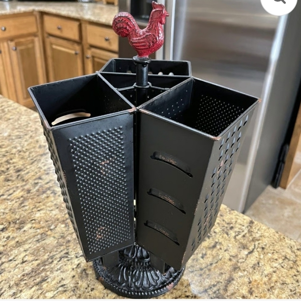 Black Utensil Holder with Red Rooster Top